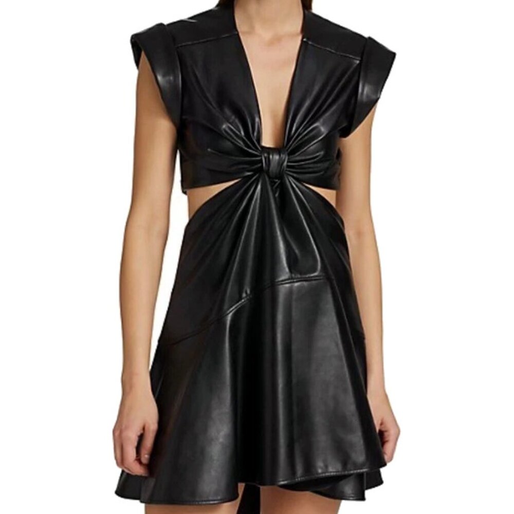 JASON WU Vegan Faux Leather Cutout Twisted Dress Black Sz S